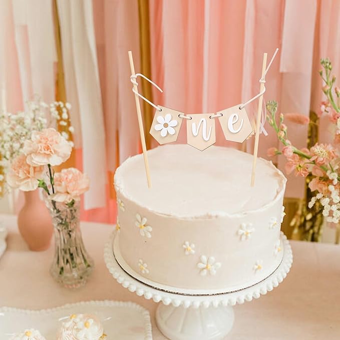 Wooden Daisy One 1st Birthday Cake Topper - Retro Groovy Boho Daisy, Best Flower Cake Topper
