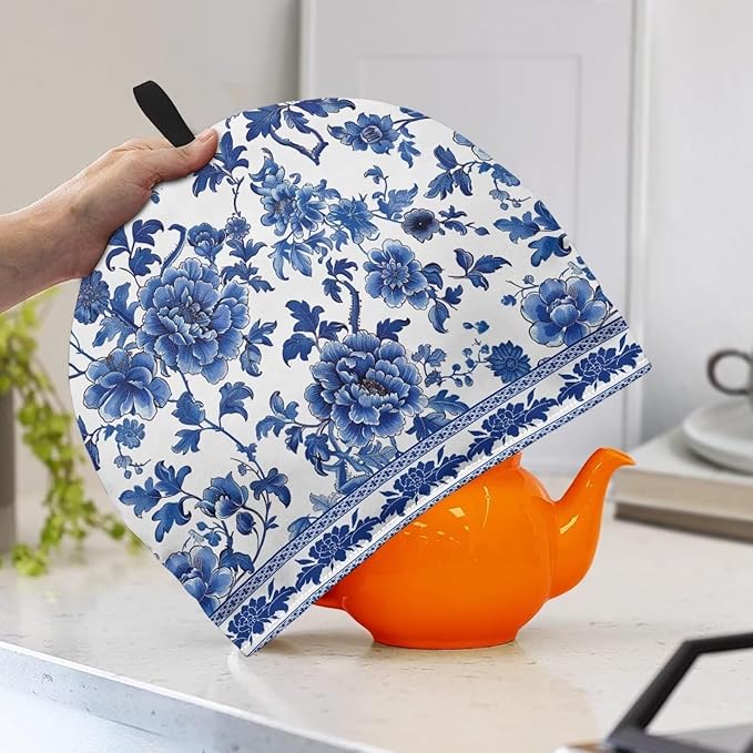 Machine Washable Tea Cozy for Teapot Stylish Blue White Flowers Pattern Tea Cosy Fabric Quilted Padding & Heat-Proof Teapot Cover Customized Soft Tea Cozy for Household Kitchen