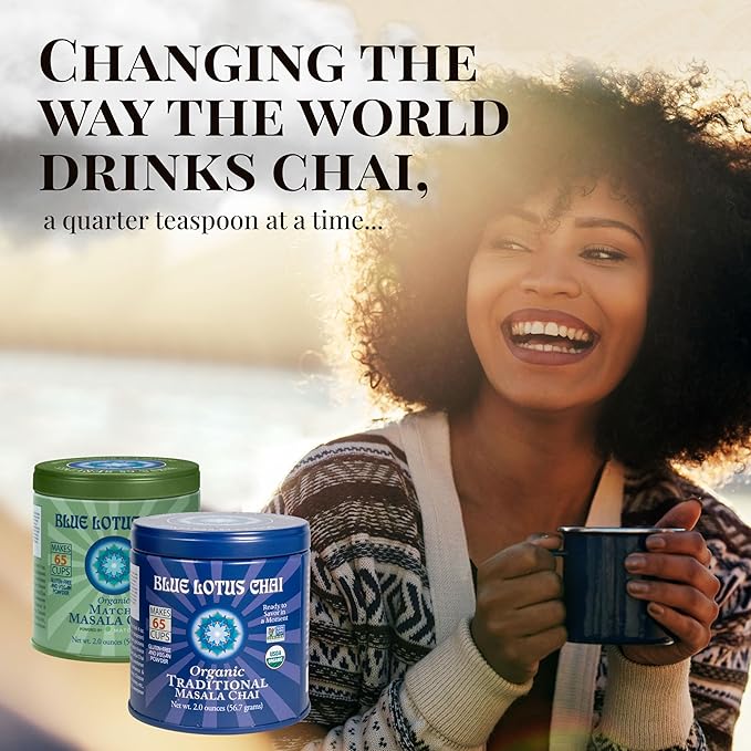 Blue Lotus Chai Tea - Fully Organic Traditional Masala Chai - Makes 65 Cups - 2 Ounce Masala Spiced Chai Powder with Organic Spices - Instant Indian Tea No Steeping - No Gluten