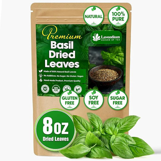 Lavendium, Premium 8oz Dried Basil ??100% Pure, Non-GMO, Gluten-Free, Vegan ??Aromatic Culinary Herb for Cooking, Garnish, and Seasoning ??No Additives or Preservatives ??Resealable Bag