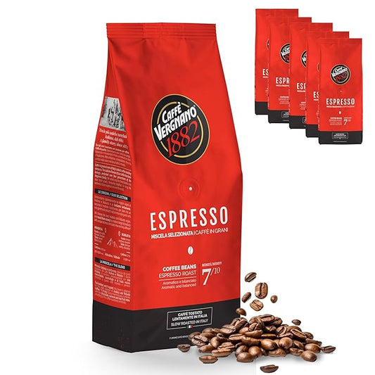 Caffe Vergnano 1882 Espresso Whole Bean Arabica Roast Coffee, 1.1 lb bag - Italian Medium Roast Coffee Beans with notes of Chocolate, Nuts & Caramel, Intensity 7/10-500g Bag (6 Pack)