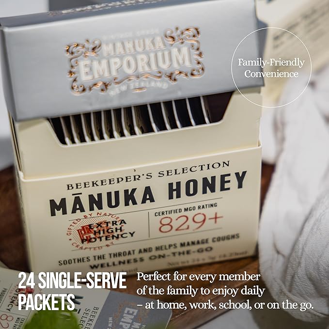 Manuka Emporium Raw Manuka Honey Packets MGO 829+ | 24 x 0.18oz Extra-Potent Snaps | Certified Monofloral New Zealand Honey | High Strength Superfood for Vitality, Recovery & Immune Support
