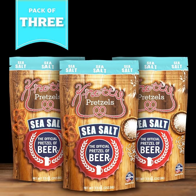 Knotty Pretzels ?쏷he Official Pretzel of Beer??7.5 oz Individual Seasoned Pretzels in Resealable Pretzel Snack Bags, The Perfect Pairing for Beer, Sea Salt Flavor (3-Pack)