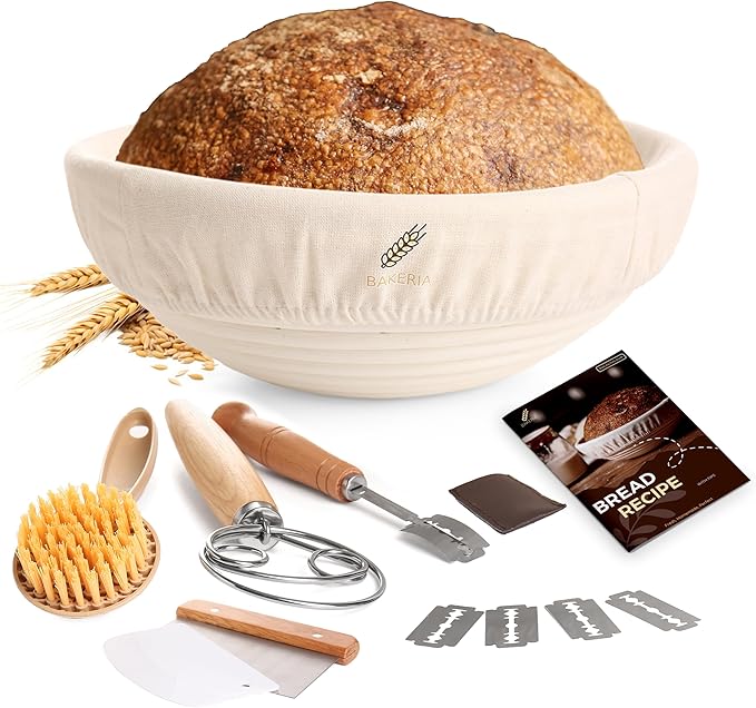 BAKERIA 9" Banneton Proofing Basket Kit (Round) ??Sourdough Bread Making Set with Danish Whisk, Bread Lame + 5 Blades, 2 Scrapers, Brush, Linen Liner & Recipe Book ??No Starter Culture