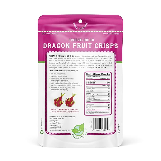 Nature's Turn Freeze-Dried Fruit Snacks, Dragon Fruit Crisps, Pack of 6 (1.2 oz Each)