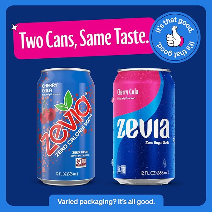 Zevia Zero Sugar Soda, Cherry Cola, 12 oz Cans (24-Pack) ??Naturally Sweetened, Non-GMO Project Verified, Gluten-Free, Vegan