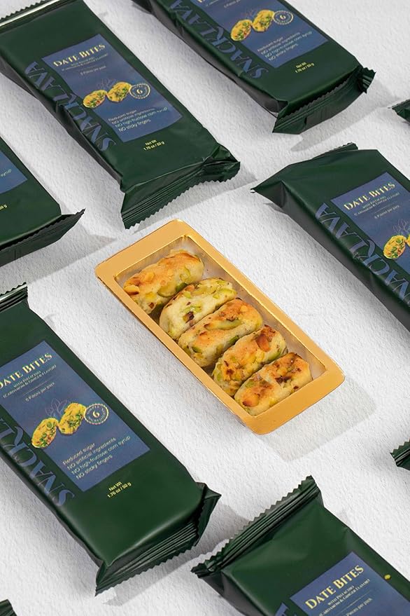 Snacklava Pistachio Date Bites with Cardamom - 20 Pack (3 Pieces per Pack) - Pistachio and Date Filled Maamoul Shortbread Cookies - No Artificial Ingredients, Colors or Preservatives