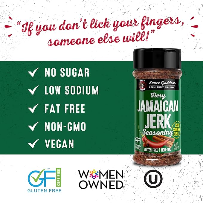 Sauce Goddess - Fiery Jamaican Jerk Spice Shaker - Caribbean Seasoning for Chicken, Pork & Seafood, Low Sugar, Low Sodium, Fat-Free, Vegan - 5oz