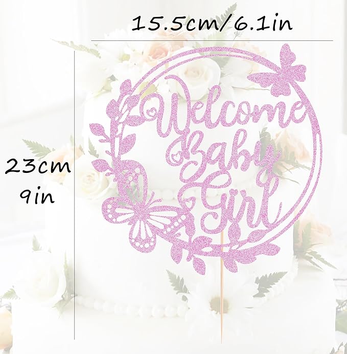 Welcome Baby Girl Cake Topper - Pink Glitter Baby Shower Cake Decorations, Baby Girl Cake Topper, for Baby Shower/Birthday Party/Gender Reveal Party Photo Booth Props
