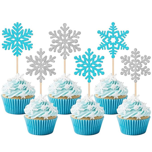 24 PCS Snowflake Cupcake Toppers Glitter Frozen Snowflake Cupcake Picks Winter Wonderland Cake Decorations for Winter Frozen Theme Baby Shower Kids Birthday Christmas Party Supplies Silver Blue