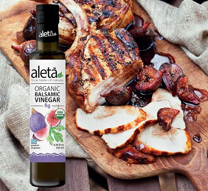 Aleta Farms Fig Balsamic Vinegar, Greek Organic Flavored Vinegar, USDA Organic, Perfect for Salad Dressings, Pasta, Desserts & Cocktails, Naturally Gluten Free, 8.45 fl oz (Fig)