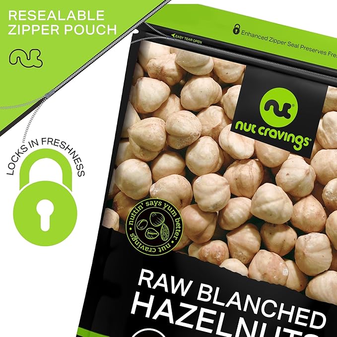 NUT CRAVINGS - Raw Blanched Hazelnuts Filberts - Unsalted, Shelled, (48oz - 3 LB) Bulk Nuts Packed Fresh in Resealable Bag - Kosher Healthy Snack, Food Assortments Ideal for Trail Mixed Nuts