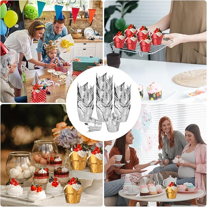 uxcell 100 Pcs Tulip Cupcake Liners, Muffins Liners Aluminum Foil Cupcake Wrappers Baking Cups Muffins Liners for Wedding Birthday Party Supplies, Silver