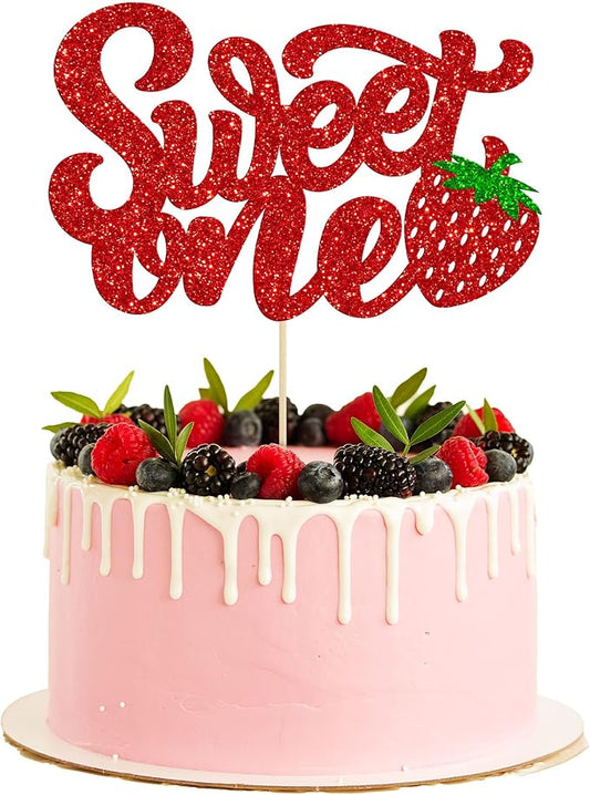 1 Pack Sweet One Cupcake Topper Glitter First Birthday Strawberry Cake Pick for Fruit Baby Shower 1st Birthday Berry Sweet Cake Decorations For Birthday Party Supplies Red