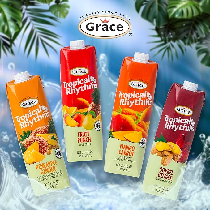 Grace Tropical Rhythms Ginger and Pineapple Juice 1 Liter (33.8oz) - 3 Cartons - Jamaican Fruit Juice