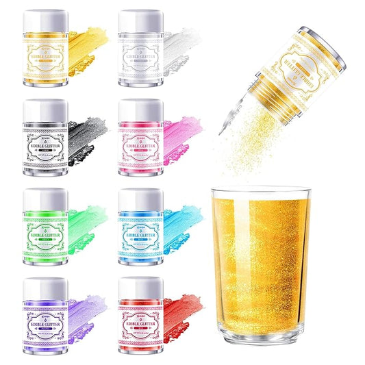 Edible Glitter for Drinks ??8 Colors Luster Dust, Food Grade Cocktail Shimmer Powder for Cakes, Beverages, Chocolate & Candy, 5g/Bottle
