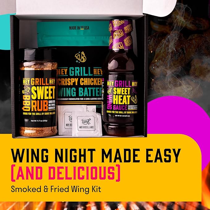 Hey Grill Hey | Chicken Wing Seasoning & Sauce Kit | All-in-one Crispy Batter, BBQ Rub, and Sweet Heat BBQ Sauce | Wing Night: Smoked & Fried Wing Kit