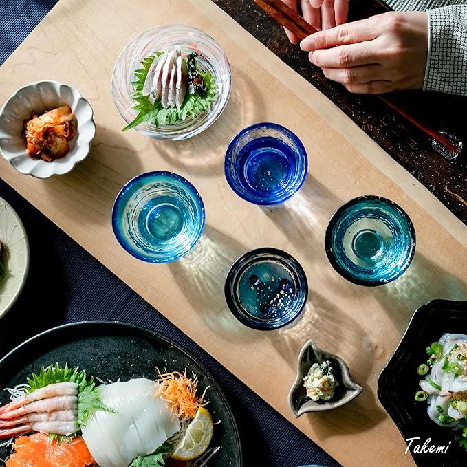 Japanese sake glass Handcrafted Mini Glass Set Elegant Japanese Sake Cups Perfect for Any Occasion Made in Japan (Four Ocean Blues (4 pcs), Sake Glass (1.7-2.9 fl oz))