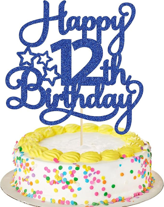 1 Pack Happy 12th Birthday Cake Topper Glitter Heart Star 12 Fabulous Cake Pick Birthday Sign Cake Decorations for Children 12th Birthday Theme Party Supplies Blue