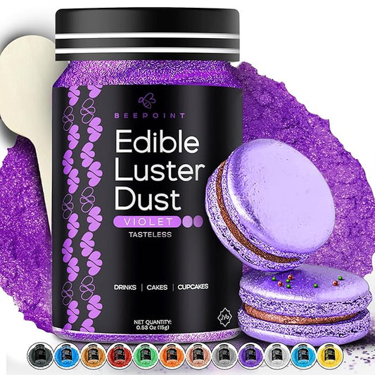 BeePoint Violet Edible Luster Dust 15g - Food Grade, Vibrant Color Shimmer Powdered Dust for Drinks, Cocktails, Cake Decorating, Baking, Chocolates, Candy, Sweets, & Cookies - Vegan & Gluten Free