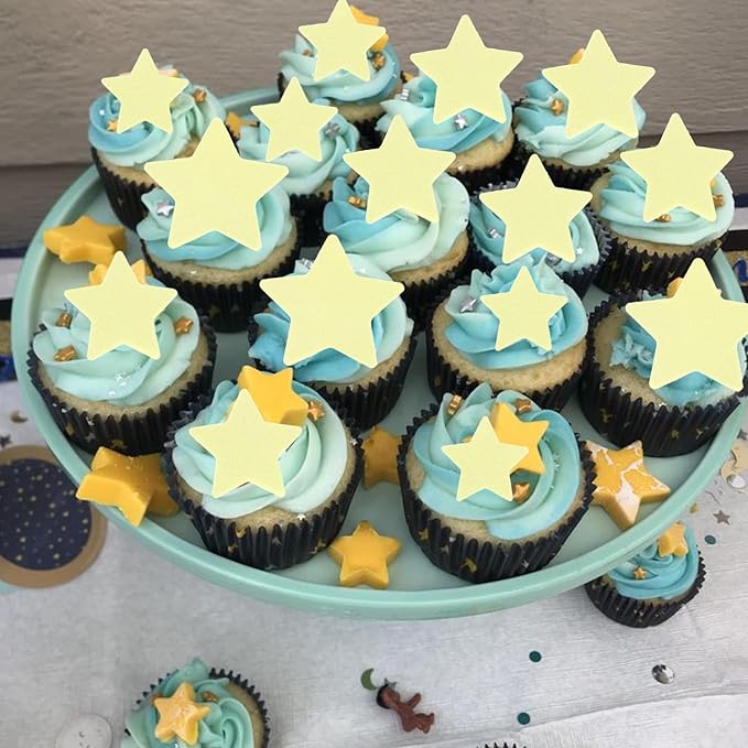 60 Pack Edible Star Cupcake Topper Twinkle Little Star Cupcake Picks Water Paper Little Star Theme Cupcake Decorations for Wedding Engagement Bridal Shower Birthday Party Supplies Yellow 2