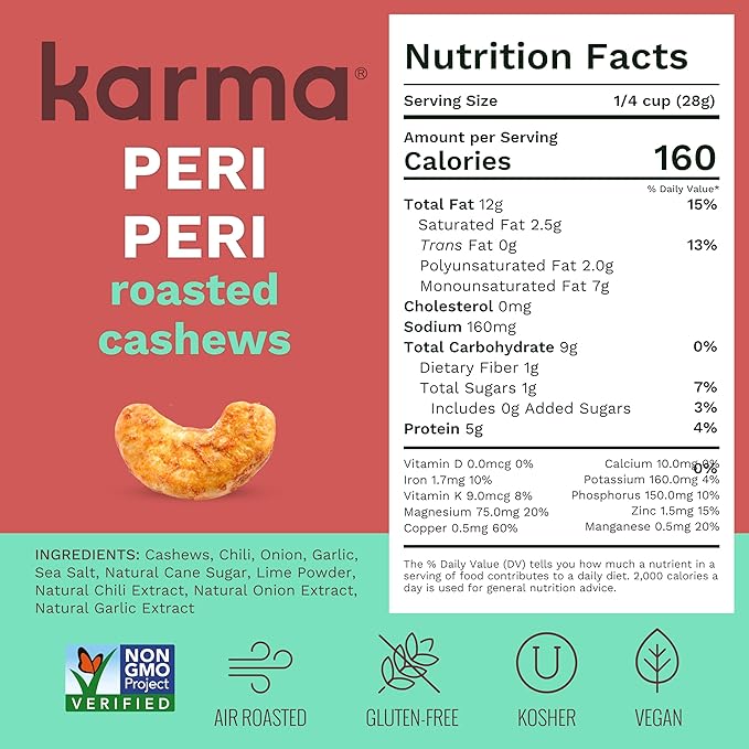 Peri Peri Air Roasted Whole Cashews by Karma Nuts, Savory, Spicy, Peanut-Free Facility, Kosher, Everyday Nut Snack, 7oz Resealable Bag - 6 pack