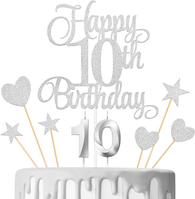 10th Birthday Cake Decorations, 10th Birthday Candles Cake Numeral Candles and Glitter Happy 10th Birthday Cake Toppers Set for Birthday Party Supplies (Silver)