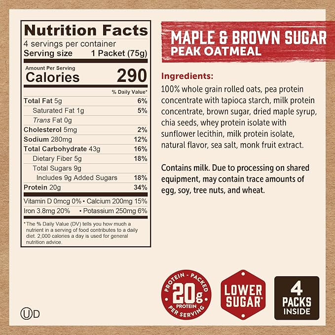 Kodiak Cakes Peak Instant Oatmeal Packets, Maple Brown Sugar, High Protein,100% Whole Grains, 6 box with 4 packets each (Total of 24 packets)
