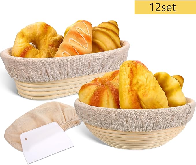 Geetery Set of 12 Proofing Basket, 10 Inch Round Oval Cane Bread Proofing Baskets with Sourdough Bread Baking Supplies, Making Kit for Dough Baking