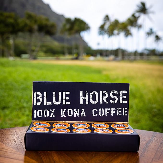 Blue Horse 100% Kona Coffee Pods, Medium Roast, 10ct Single Serve, Compatible with K Cups 2.0, Farm Fresh, Authentic Arabica Beans from Hawaii’s Big Island with a Smooth, Rich Flavor