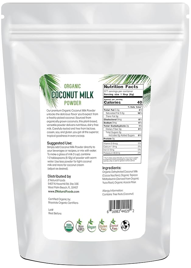 Z Natural Foods Organic Coconut Milk Powder - All-Natural Vegan Dairy-Free Alternative with MCTs - Unsweetened Coconut Creamer for Coffee & Smoothies - Gluten-Free, Non-GMO, 5 lbs