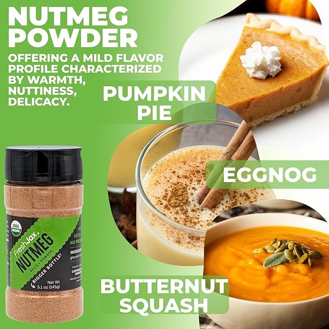 FreshJax Organic Ground Nutmeg Powder ??5.1 oz Bottle, Non-GMO, Gluten-Free, Keto, Paleo, No Preservatives ??Premium Spice for Baking, Lattes, Holiday Recipes & Desserts
