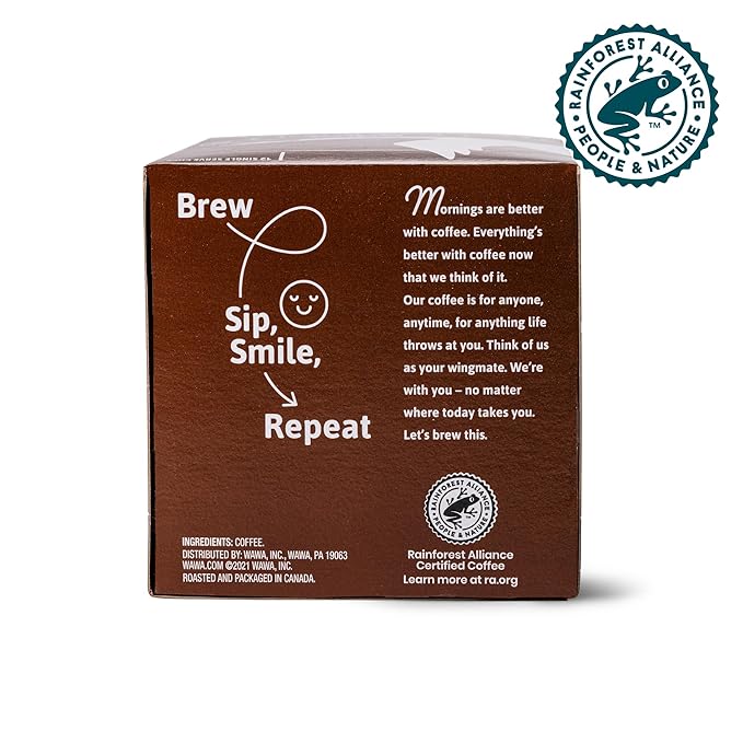 Wawa Dark Roast Single Cup Coffee Pods, 12 Pods, 1 Box, Full Bodied Blend, Spicy & Smoky Notes, Single Serve, Bold & Complex, 100% More Responsibly Sourced from Rainforest Alliance Certified Farms
