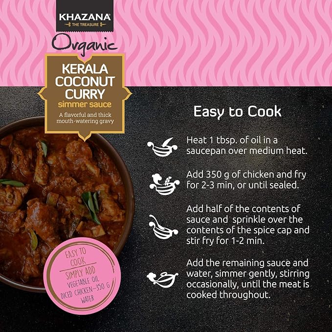 Khazana ORGANIC Kerala Coconut Curry Indian Simmer Sauce - 6 x 12.7oz Jars | Non-GMO, Vegan, Gluten Free, Kosher | Authentic Indian Meals Made Easy at Home!