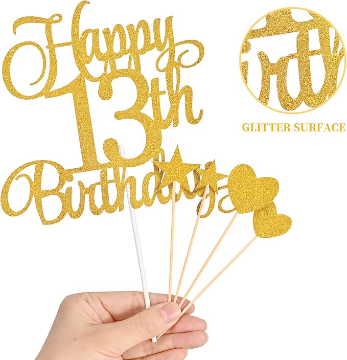 13th Birthday Cake Decorations, 13th Birthday Candles Cake Numeral Candles and Glitter Happy 13th Birthday Cake Toppers Set for Birthday Party Supplies (Gold)