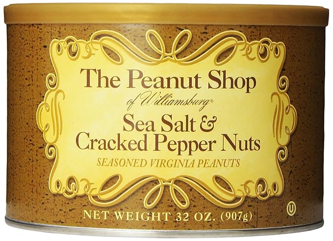 The Peanut Shop of Williamsburg Williamsburg Salted Virginia Peanuts, Salt and Pepper Peanuts with SEA Salt & Cracked Pepper, Gluten-Free Hand Cooked - 32 Oz Tin