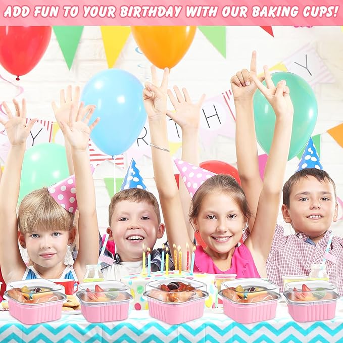 200 Pack 5 oz Square Baking Cups with Lids Aluminum Foil Mini Cake Pans with Lids Disposable Ramekins Tins Dessert Containers Cupcake Pans for Souffle Home Wedding Birthday Party Picnic (Pink)