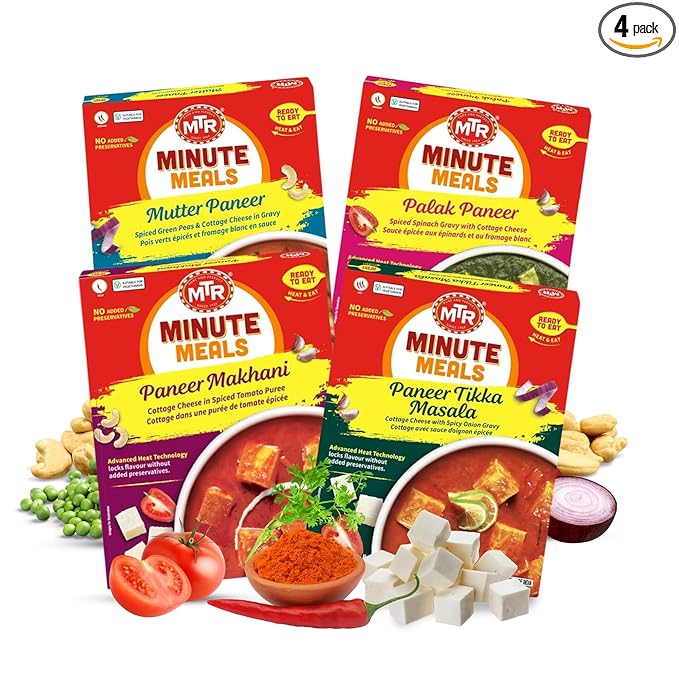 MTR Ready-To-Eat: Exotic Paneer Mix - Assorted Pack of 4 (Mutter Paneer, Palak Paneer, Paneer Makhani, Paneer Tikka Masala) - Authentic Indian Food with No Added Preservatives - Suitable for Vegetarians