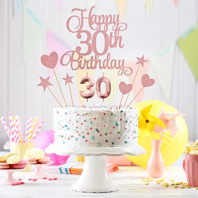 30th Birthday Cake Toppers, 30th Birthday Candles Numeral Candles and Glitter Cake Decorations Toppers Set for Party Supplies (Rose Gold)