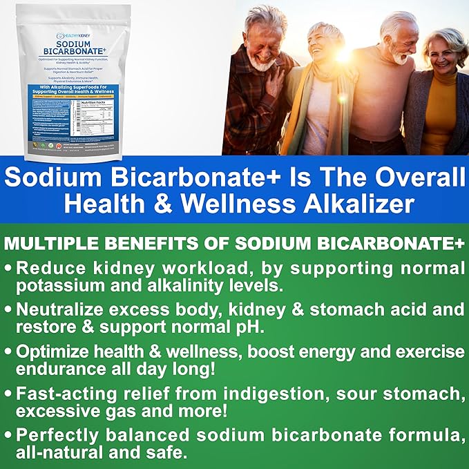 Organic Use Sodium Bicarbonate Alkaline Supplement for Alkalinity. Support Kidneys & Stomach Acid Neutralizer w/Alkaline Superfoods. Sodium Bicarbonate Powder Kidney Immune Support Antacid Sports 1LB