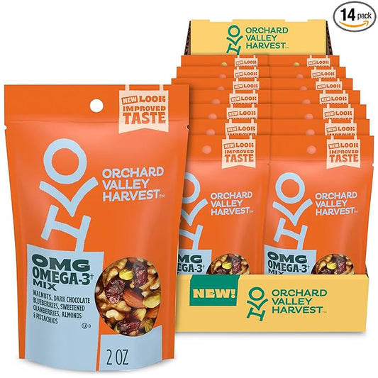 Orchard Valley Harvest OMG Omega-3 Mix, 14 pack (2 oz), Walnuts, Dark Chocolate Blueberries, Sweetened Cranberries, Almonds, And Pistachios, Gluten Free, Stand Up Bag, Non-GMO, Healthy Snacks for Adults
