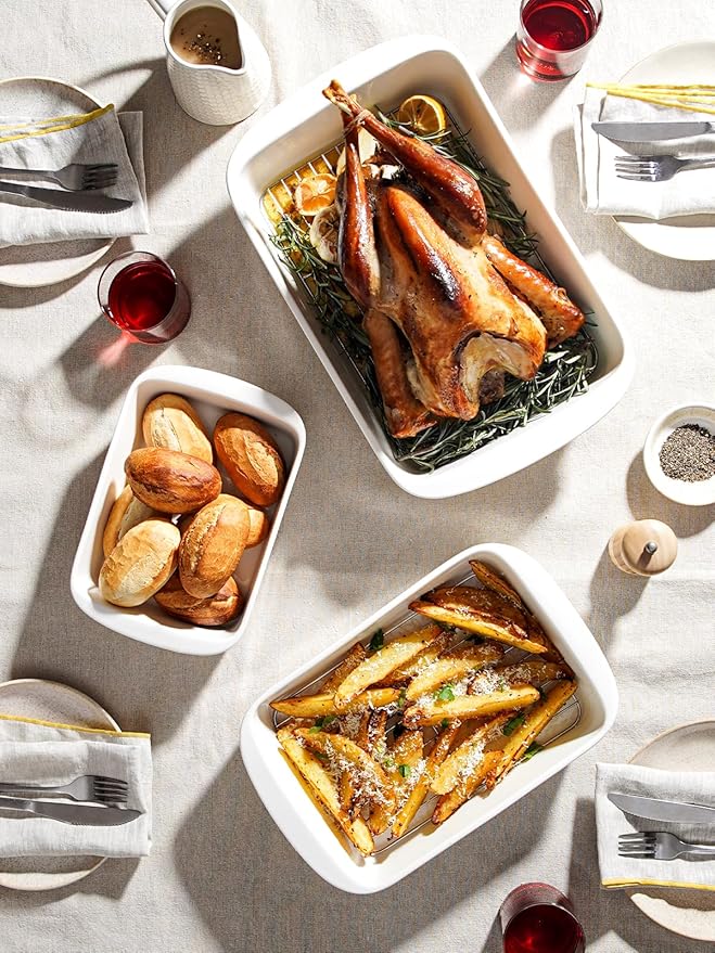 LE TAUCI Deep Casserole Dishes for Oven, 13.7???.6??Ceramic Baking Dish Set with Roasting Racks, Large Lasagna Pans with Handles, Rectangular Bakeware as Gift for Mom, White (4.6QT/3.0QT/1.6QT), Set of 3