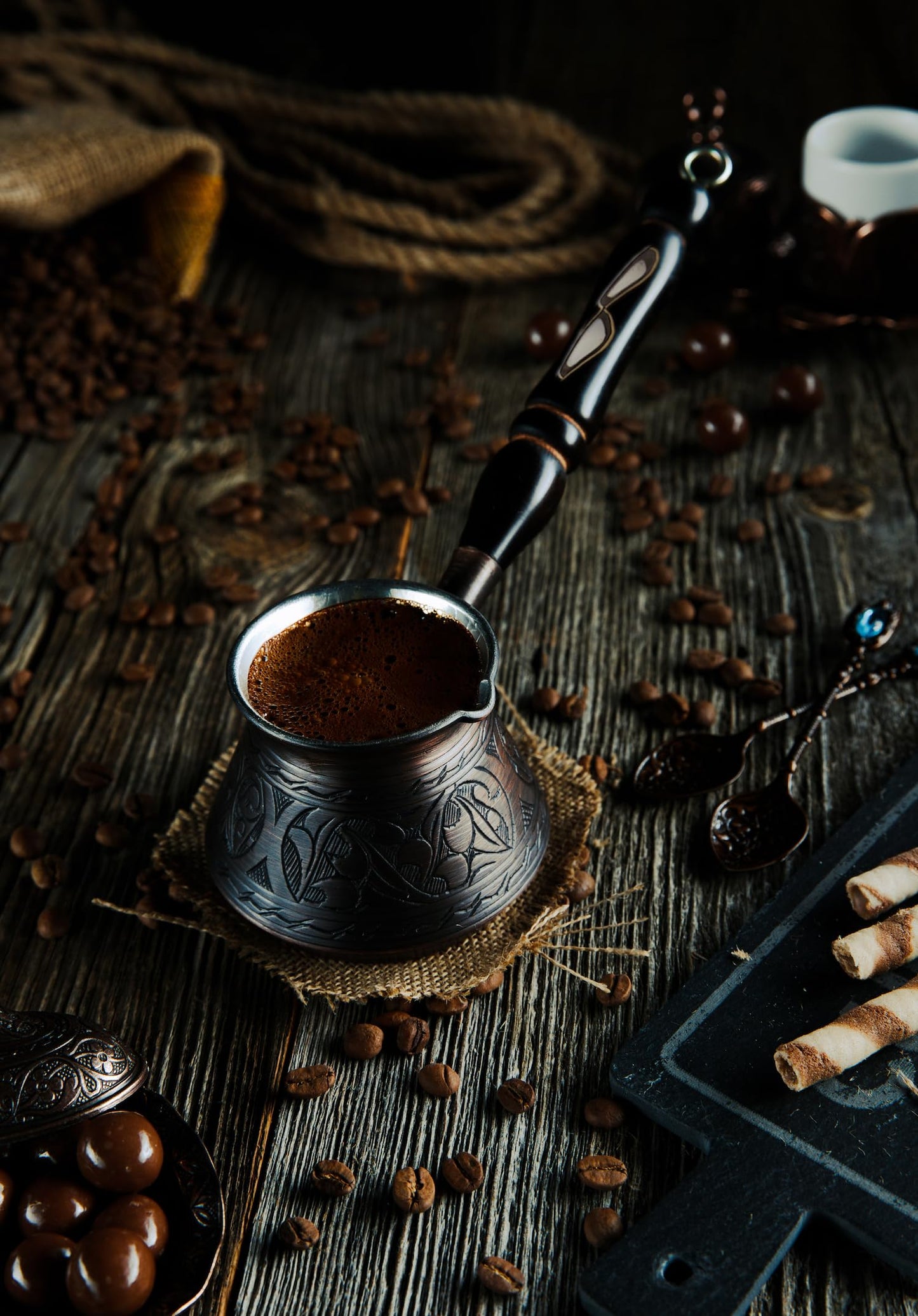 DEMMEX Copper Turkish Coffee Pot Cezve Ibrik Greek Coffee Briki Stovetop Coffee Maker with Wooden