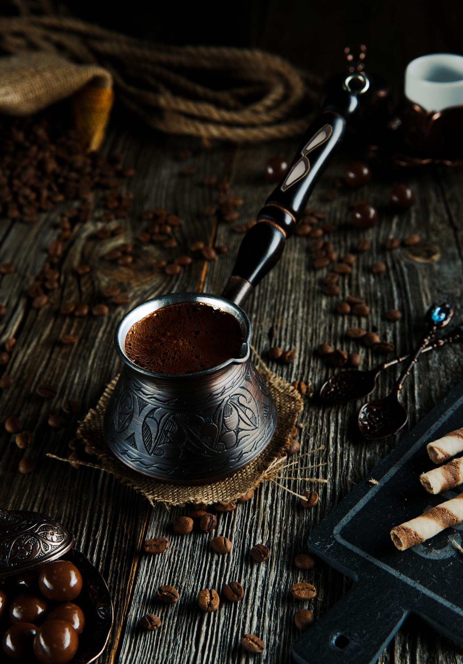 DEMMEX Copper Turkish Coffee Pot Cezve Ibrik Greek Coffee Briki Stovetop Coffee Maker with Wooden