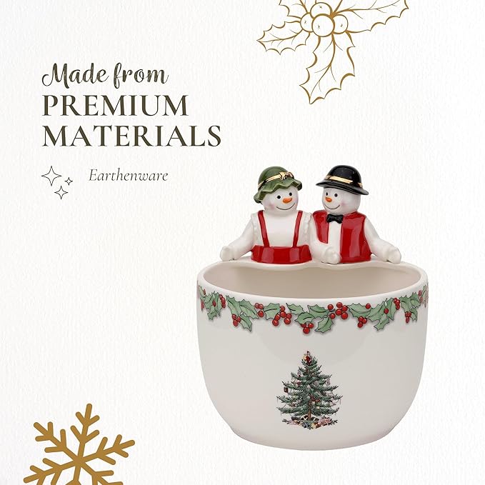Spode Christmas Tree 9-Inch Candy Bowl - Mr. & Mrs. Snowman Decorative Earthenware Bowl for Serving Candy, Nuts, Holiday Treats - Festive Tableware & Charming Holiday Decor - Dishwasher Safe