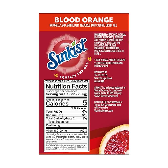 Singles to go Drink Mix Packets, Blood Orange, 6-Count Box ??Powdered Drink Packets with Vitamin C, 72 Total Powder Sticks