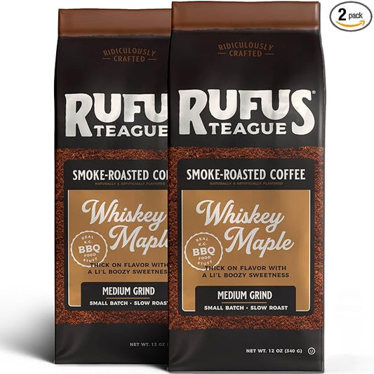 Rufus Teague Whiskey Maple Flavored Ground Coffee, Gourmet Fresh Dark Roasted Coffee, Smoke Roasted Java, Medium Grind, 12 oz Bag, 2 Pack