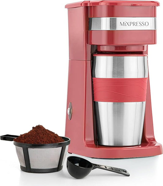 Mixpresso Red Personal Single Serve Coffee Maker with 14oz Travel Mug, Drip Small Coffee Maker with Auto Shut Off, Reusable Filter, Works with Ground Coffee Only ??Not for K-Cup Pods