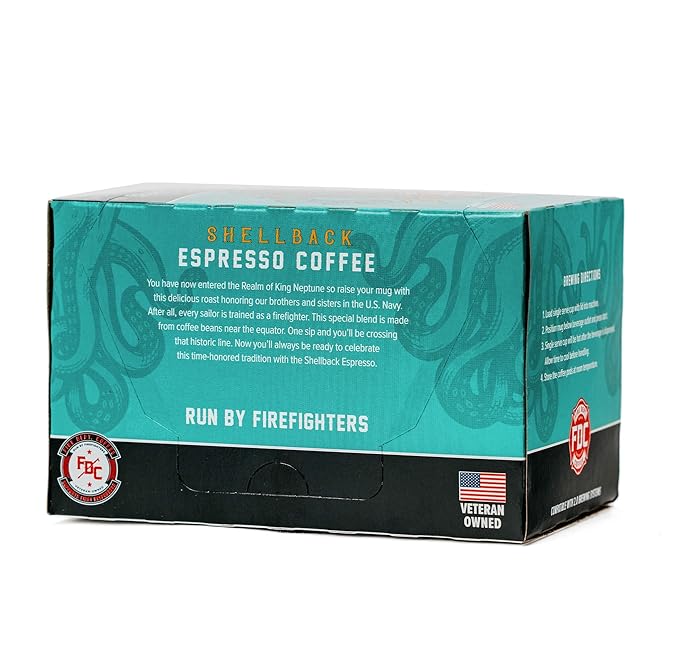 Fire Department Coffee - Gives Back to Firefighters - Bold & Smooth Shellback Espresso Coffee Pods - Roasted in the USA - Premium Espresso K Cups - Veteran Owned - 12 Single Pods