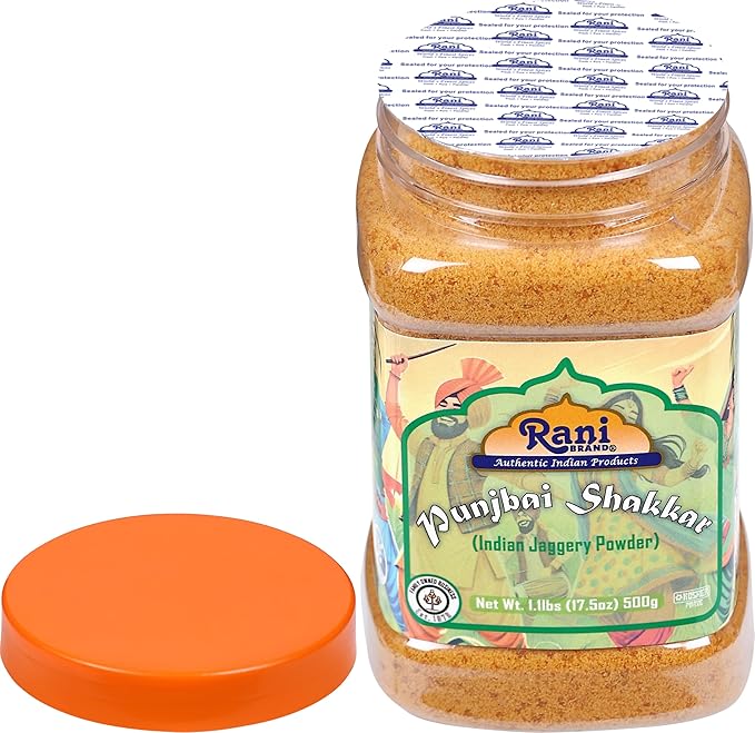 Rani Punjabi Shakkar (Gur Jaggery Powder) Indian Unrefined Raw Cane Sugar 17.5oz (1.1lbs) 500g PET Jar ~ Gluten Friendly | Vegan | NON-GMO | Kosher | No Salt or fillers | Indian Product